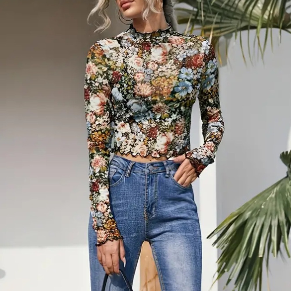 NWOT Boutique Floral Long Sleeve Mesh Crop Top XXL - Picture 5 of 10